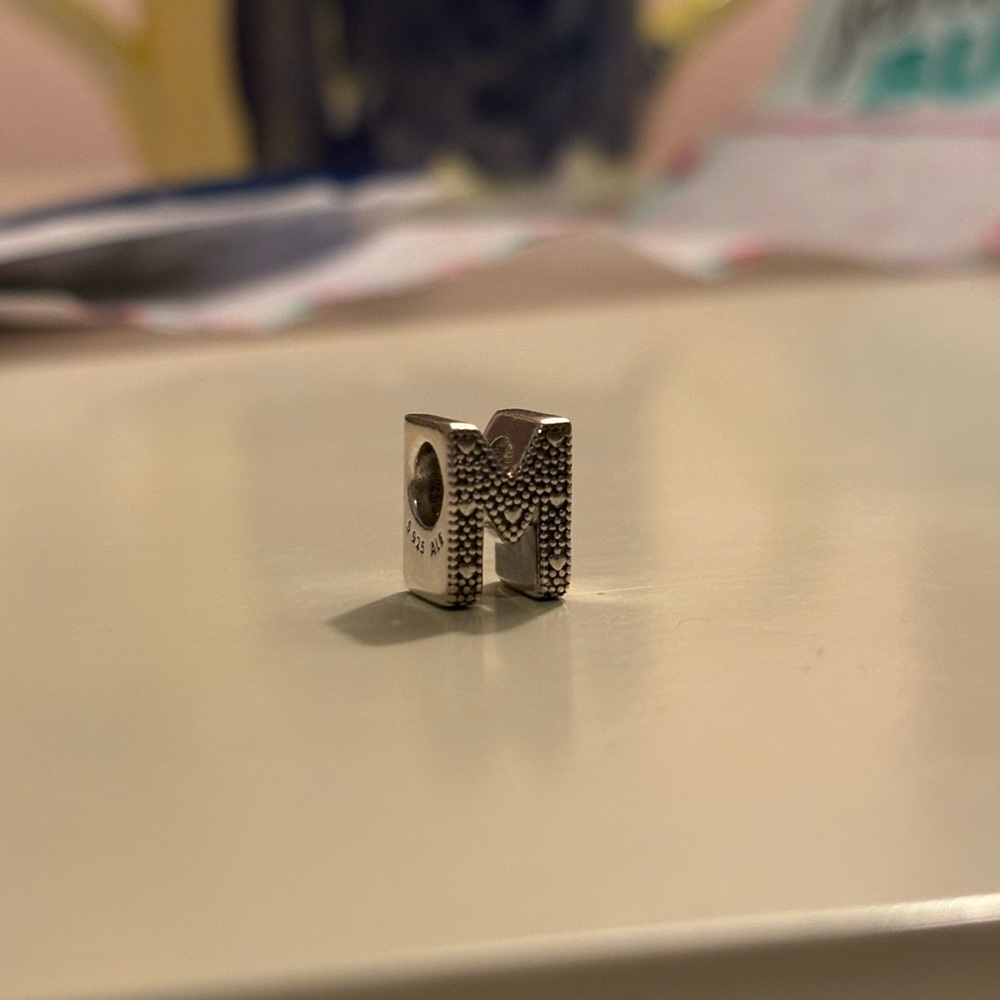 Pandora Sterling Silver 'M' Letter Heart Pattern Charm